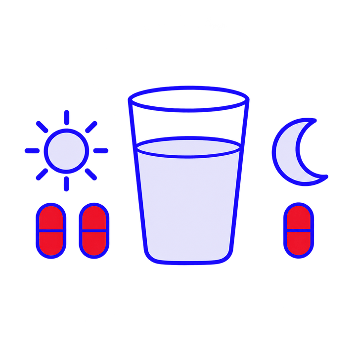 Zeichnung: ein Glas Wasser, zwei Kapseln unter der Mittagssonne und eine unter dem Mond