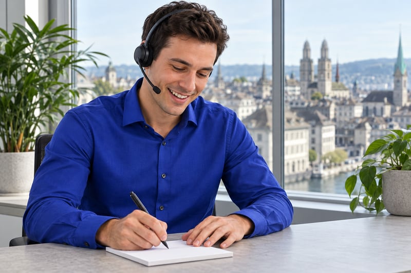 Freundlicher Kundenberater mit Headset am Telefon, hinter ihm die Dächer von Zürich