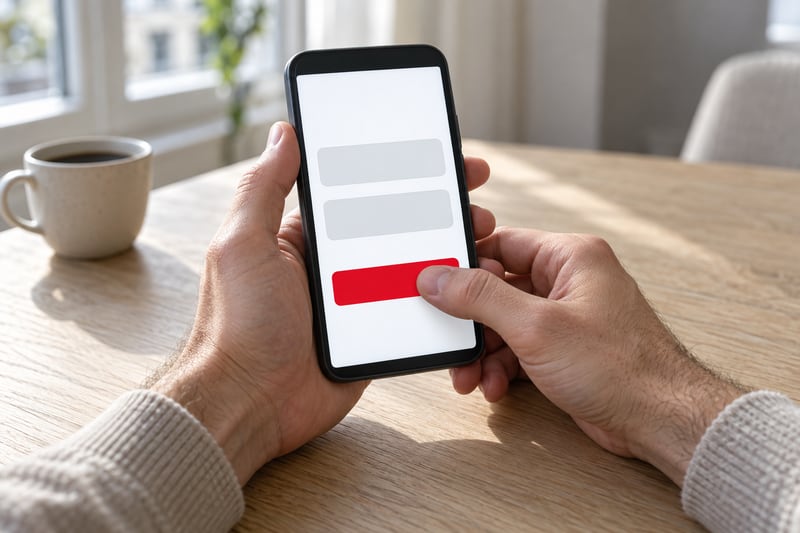 Hände tippen auf dem Smartphone auf den roten Bestellknopf
