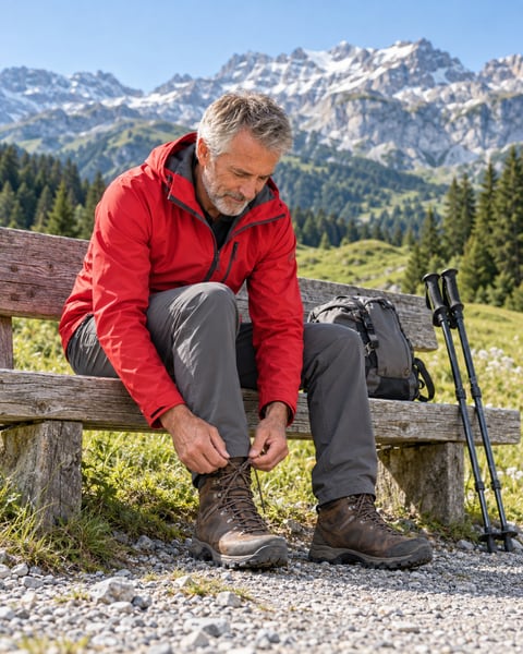 Mann Ende fünfzig in roter Jacke bindet auf einer Bank am Wanderweg seine Bergschuhe, hinter ihm die Bündner Alpen
