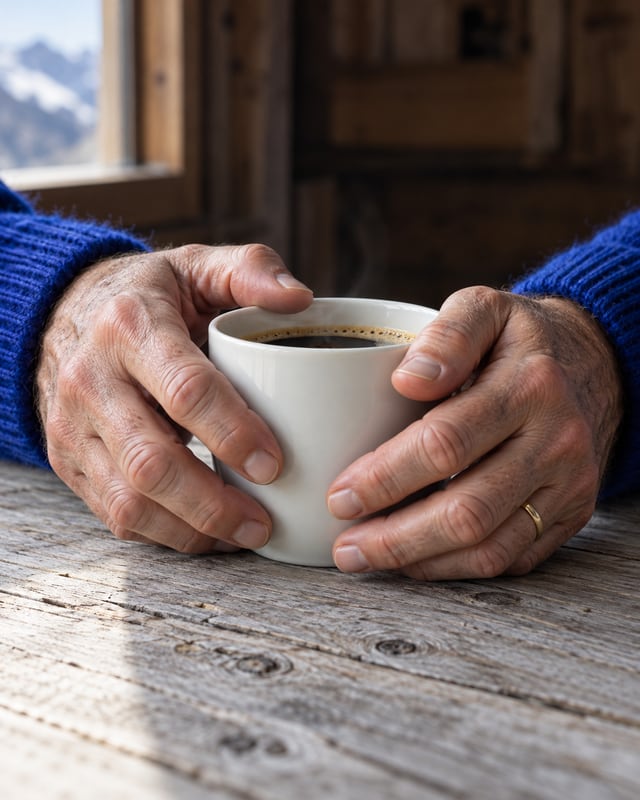 Hände mit steifen Fingergelenken halten am Morgen eine Kaffeetasse