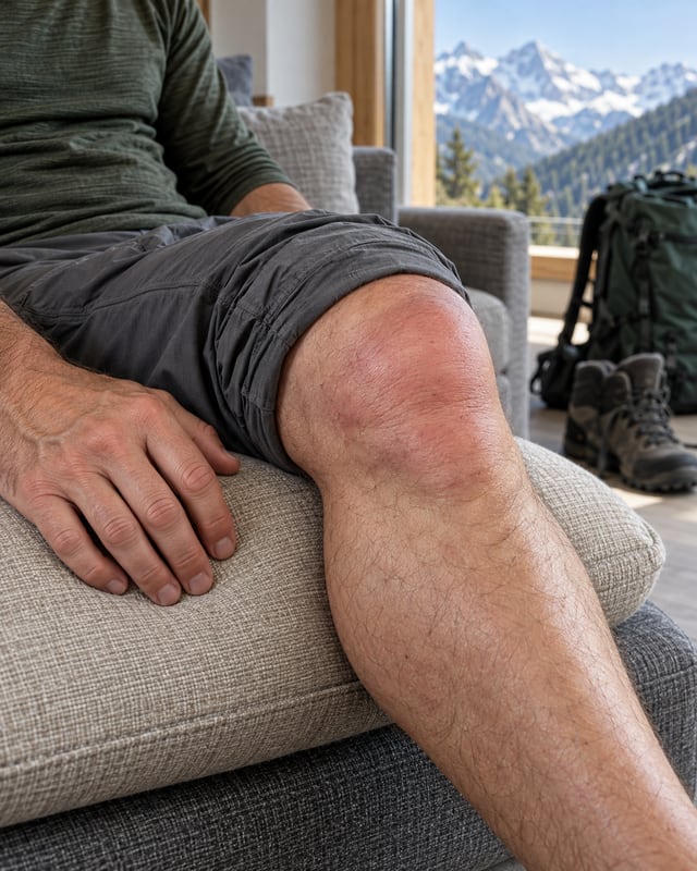 Leicht geschwollenes, gerötetes Knie nach einer Wanderung auf einem Kissen