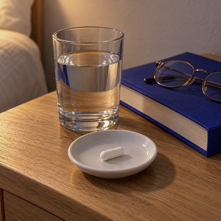 Am Abend: ein Glas Wasser und eine Kapsel auf dem Nachttisch